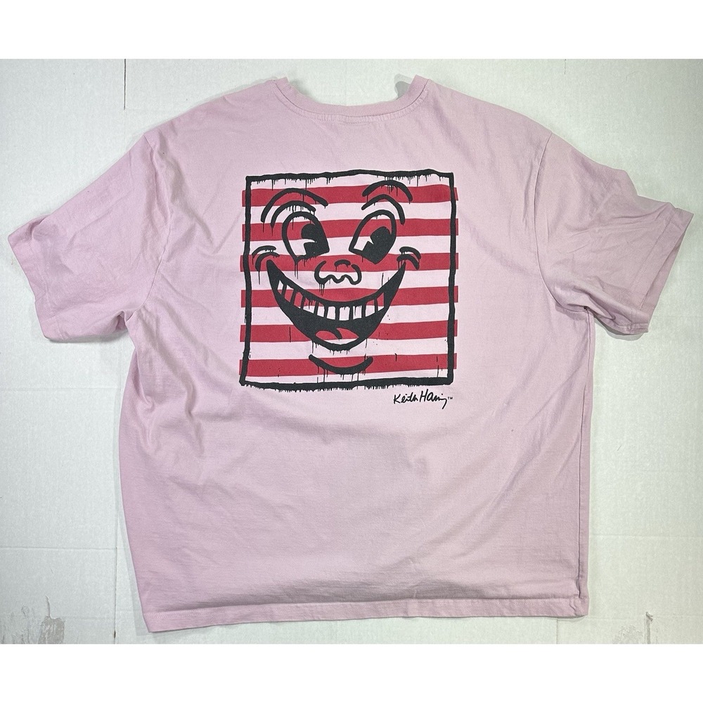 H&M x Keith Haring T Shirt Pink Smiley Stripe Graphic Back Print Relaxed XXL